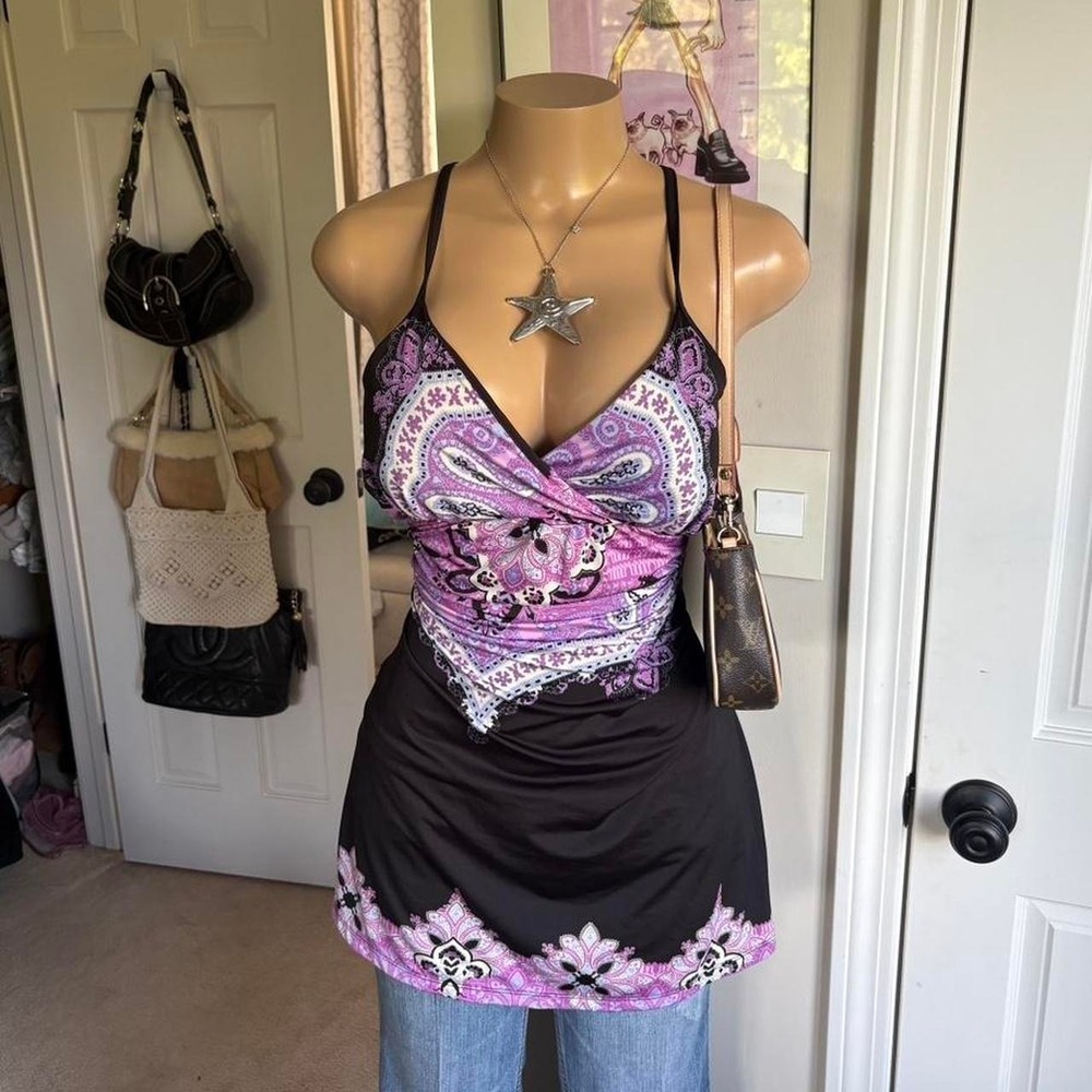 Y2K 2000s Paisley Halter Dress purple Black